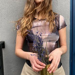 UO Xenia Sheer Mesh Cropped Tee, Grey, Size Small